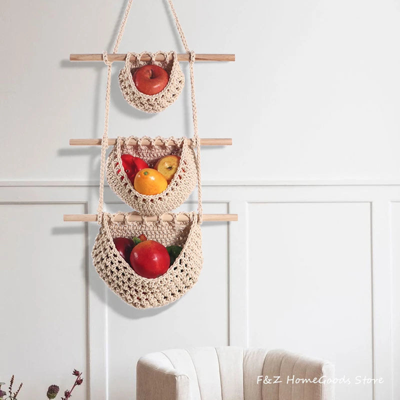 Macrame Wall Hanging Fruit Basket Hammock Produce Toy Storage Rope Plant Hanger Bohemian Boho Home Decor Flower Pots Decorative