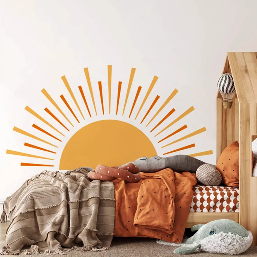 Boho Sun Wall Decors Yellow Rising Sun Wall Stickers Waterproof Self Adhesive for Boy Baby Kids Room Home Nursery Decor