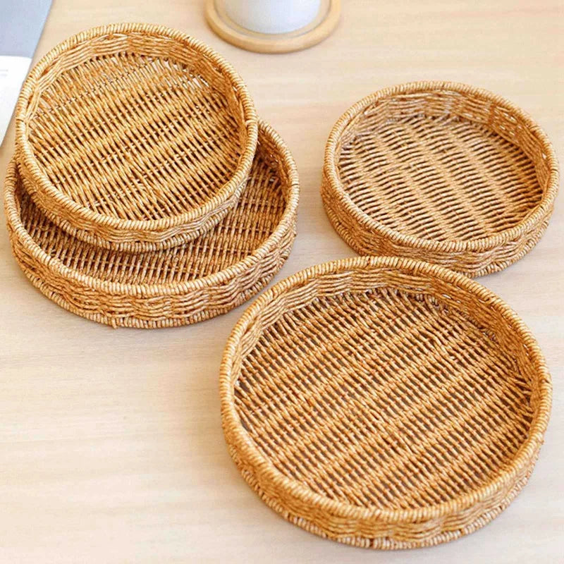 Round Rattan Fruit Basket Bowls Natural Wicker Boho Woven Storage Baskets Bread Tray for Kitchen Coffee Table Farmhouse