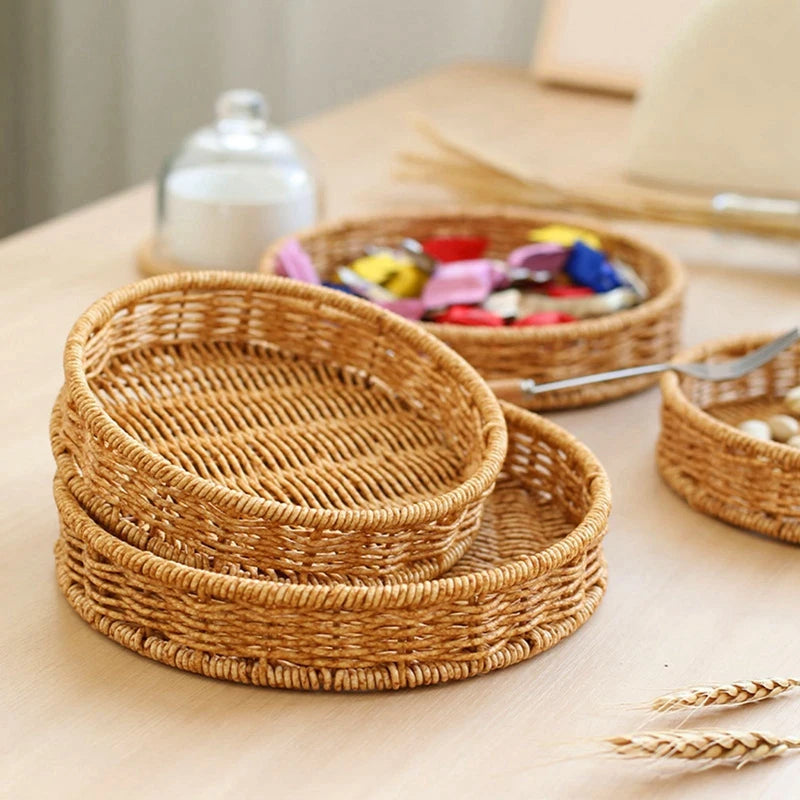 Round Rattan Fruit Basket Bowls Natural Wicker Boho Woven Storage Baskets Bread Tray for Kitchen Coffee Table Farmhouse