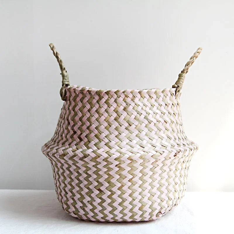 Boho Decor Striped Wicker Storage Baskets Handmade Collapsible Laundry Basket Patchwork Seaweed Flower Belly Garden Flower Pot