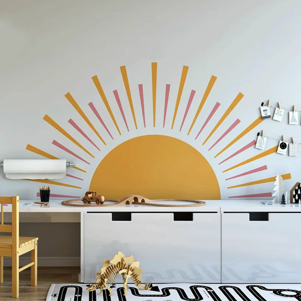 Boho Sun Wall Decors Yellow Rising Sun Wall Stickers Waterproof Self Adhesive for Boy Baby Kids Room Home Nursery Decor