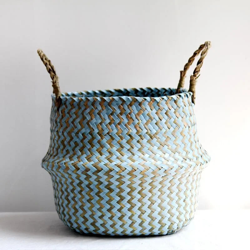 Boho Decor Striped Wicker Storage Baskets Handmade Collapsible Laundry Basket Patchwork Seaweed Flower Belly Garden Flower Pot