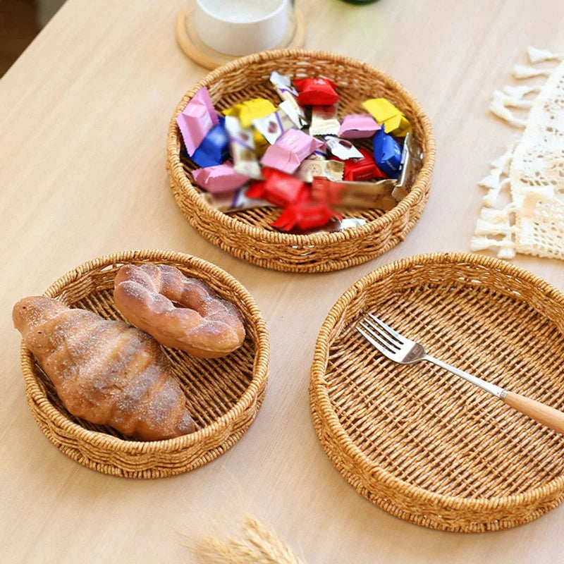 Round Rattan Fruit Basket Bowls Natural Wicker Boho Woven Storage Baskets Bread Tray for Kitchen Coffee Table Farmhouse