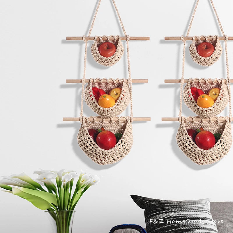 Macrame Wall Hanging Fruit Basket Hammock Produce Toy Storage Rope Plant Hanger Bohemian Boho Home Decor Flower Pots Decorative