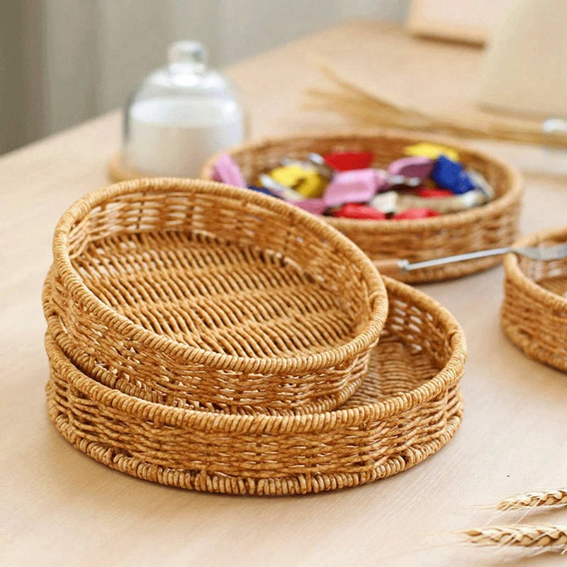 Round Rattan Fruit Basket Bowls Natural Wicker Boho Woven Storage Baskets Bread Tray for Kitchen Coffee Table Farmhouse